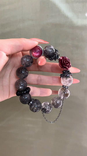 Handcrafted Dark Quartz and Ruby Bead Bracelet with Rose Charm QJ05