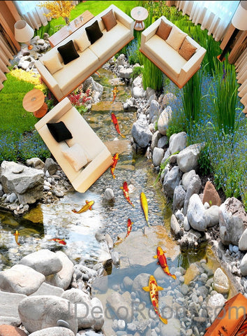 Image of 3D Fish Stone Stream Floor Decals WallPaper Murals Wall Print Sticker Kitchen Bathroom Business Home Office Decor