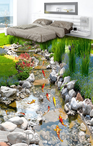 Image of 3D Fish Stone Stream Floor Decals WallPaper Murals Wall Print Sticker Kitchen Bathroom Business Home Office Decor