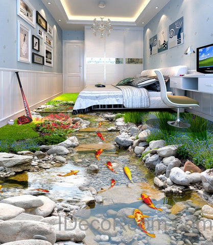 Image of 3D Fish Stone Stream Floor Decals WallPaper Murals Wall Print Sticker Kitchen Bathroom Business Home Office Decor