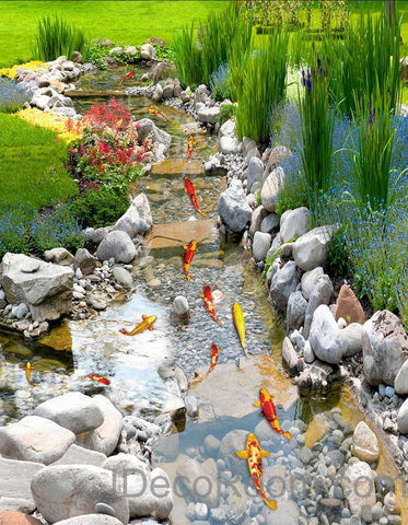 Image of 3D Fish Stone Stream Floor Decals WallPaper Murals Wall Print Sticker Kitchen Bathroom Business Home Office Decor