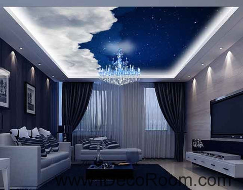 Image of White Clouds Night Sky Wallpaper Wall Decals Wall Art Print Business Kids Wall Paper Nursery Mural Home Decor Removable Wall Stickers Ceiling Decal