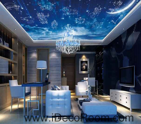 Image of Blue Sky Moon 12 Star Signs Wallpaper Wall Decals Wall Art Print Business Kids Wall Paper Nursery Mural Home Decor Removable Wall Stickers Ceiling Decal