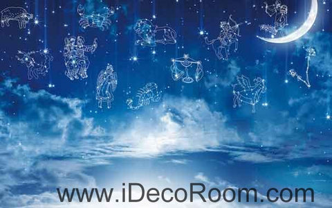 Image of Blue Sky Moon 12 Star Signs Wallpaper Wall Decals Wall Art Print Business Kids Wall Paper Nursery Mural Home Decor Removable Wall Stickers Ceiling Decal