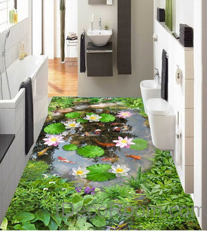 Lilypad Lotus Fish Cobble Stone Duck Pond 00003 Floor Decals 3D Wallpaper Wall Mural Stickers Print Art Bathroom Decor Living Room Kitchen Waterproof Business Home Office Gift