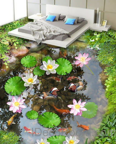 Image of Lilypad Lotus Fish Cobble Stone Duck Pond 00003 Floor Decals 3D Wallpaper Wall Mural Stickers Print Art Bathroom Decor Living Room Kitchen Waterproof Business Home Office Gift
