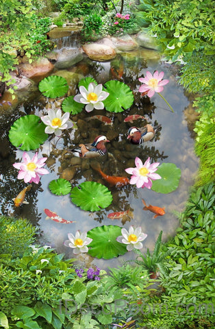 Image of Lilypad Lotus Fish Cobble Stone Duck Pond 00003 Floor Decals 3D Wallpaper Wall Mural Stickers Print Art Bathroom Decor Living Room Kitchen Waterproof Business Home Office Gift