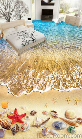 Image of Beach Wave Red Starfish Colerful Shell 00006 Floor Decals 3D Wallpaper Wall Mural Stickers Print Art Bathroom Decor Living Room Kitchen Waterproof Business Home Office Gift