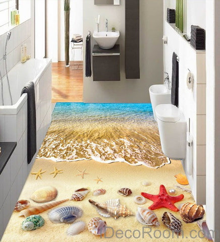 Image of Beach Wave Red Starfish Colerful Shell 00006 Floor Decals 3D Wallpaper Wall Mural Stickers Print Art Bathroom Decor Living Room Kitchen Waterproof Business Home Office Gift