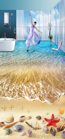 Image of Beach Wave Red Starfish Colerful Shell 00006 Floor Decals 3D Wallpaper Wall Mural Stickers Print Art Bathroom Decor Living Room Kitchen Waterproof Business Home Office Gift