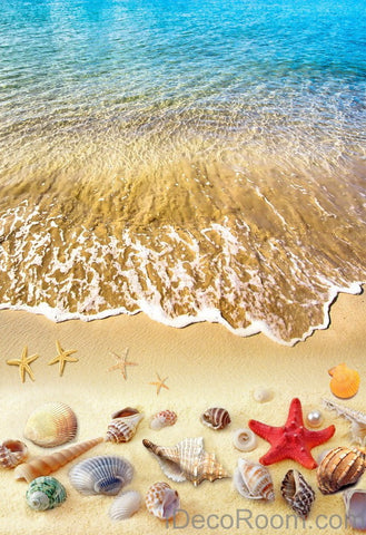 Image of Beach Wave Red Starfish Colerful Shell 00006 Floor Decals 3D Wallpaper Wall Mural Stickers Print Art Bathroom Decor Living Room Kitchen Waterproof Business Home Office Gift