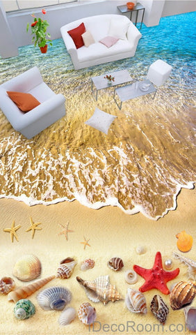 Image of Beach Wave Red Starfish Colerful Shell 00006 Floor Decals 3D Wallpaper Wall Mural Stickers Print Art Bathroom Decor Living Room Kitchen Waterproof Business Home Office Gift