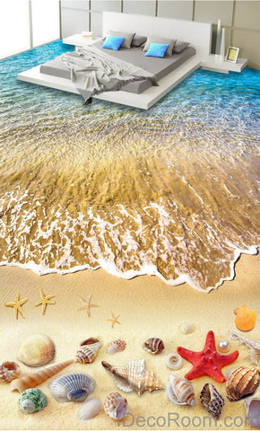 Image of Beach Wave Red Starfish Colerful Shell 00006 Floor Decals 3D Wallpaper Wall Mural Stickers Print Art Bathroom Decor Living Room Kitchen Waterproof Business Home Office Gift