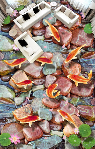 Image of Red Carp Stone Lotus Lilypad 00007 Floor Decals 3D Wallpaper Wall Mural Stickers Print Art Bathroom Decor Living Room Kitchen Waterproof Business Home Office Gift