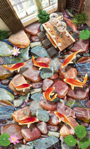 Image of Red Carp Stone Lotus Lilypad 00007 Floor Decals 3D Wallpaper Wall Mural Stickers Print Art Bathroom Decor Living Room Kitchen Waterproof Business Home Office Gift