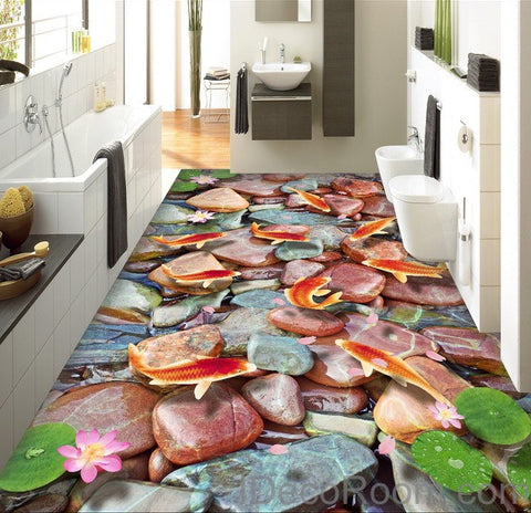 Image of Red Carp Stone Lotus Lilypad 00007 Floor Decals 3D Wallpaper Wall Mural Stickers Print Art Bathroom Decor Living Room Kitchen Waterproof Business Home Office Gift
