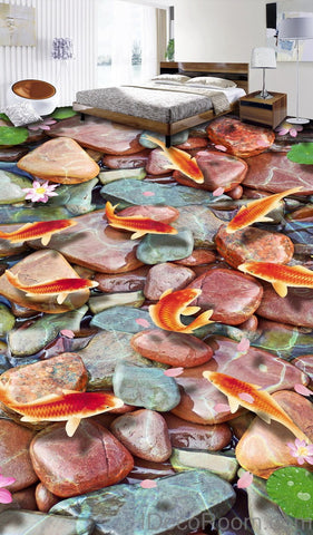 Image of Red Carp Stone Lotus Lilypad 00007 Floor Decals 3D Wallpaper Wall Mural Stickers Print Art Bathroom Decor Living Room Kitchen Waterproof Business Home Office Gift