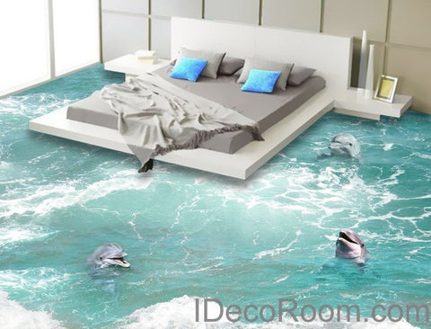 Image of 3 Dophins Play in the Water Sea Ocean 00009 Floor Decals 3D Wallpaper Wall Mural Stickers Print Art Bathroom Decor Living Room Kitchen Waterproof Business Home Office Gift