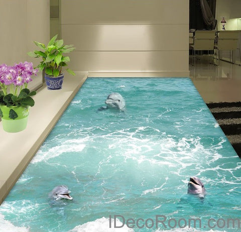 Image of 3 Dophins Play in the Water Sea Ocean 00009  Floor Decals 3D Wallpaper Wall Mural Stickers Print Art Bathroom Decor Living Room Kitchen Waterproof Business Home Office Gift