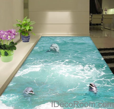 Image of 3 Dophins Play in the Water Sea Ocean 00009 Floor Decals 3D Wallpaper Wall Mural Stickers Print Art Bathroom Decor Living Room Kitchen Waterproof Business Home Office Gift