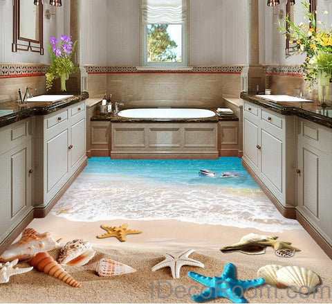 Image of Dophin Beach Blue Star Fish Shell 00011 Floor Decals 3D Wallpaper Wall Mural Stickers Print Art Bathroom Decor Living Room Kitchen Waterproof Business Home Office Gift
