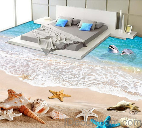 Image of Dophin Beach Blue Star Fish Shell 00011 Floor Decals 3D Wallpaper Wall Mural Stickers Print Art Bathroom Decor Living Room Kitchen Waterproof Business Home Office Gift