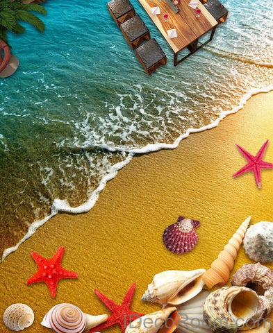 Image of Beach Sand Star Fish Shells 00013 Floor Decals 3D Wallpaper Wall Mural Stickers Print Art Bathroom Decor Living Room Kitchen Waterproof Business Home Office Gift