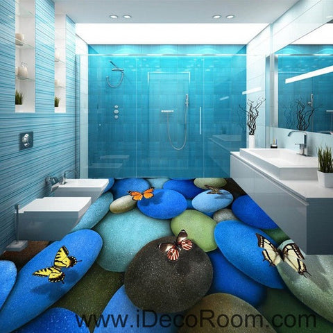 Image of Blue Butterflies Stone 00016 Floor Decals 3D Wallpaper Wall Mural Stickers Print Art Bathroom Decor Living Room Kitchen Waterproof Business Home Office Gift