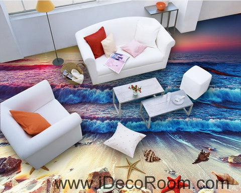 Image of Sunrise Beach Wave Shells 00017 Floor Decals 3D Wallpaper Wall Mural Stickers Print Art Bathroom Decor Living Room Kitchen Waterproof Business Home Office Gift