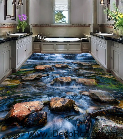 Image of Waterfall Stone Steam Brook 00025 Floor Decals 3D Wallpaper Wall Mural Stickers Print Art Bathroom Decor Living Room Kitchen Waterproof Business Home Office Gift