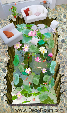 Image of Lilypad Lotus Pond Goldfish 00030 Floor Decals 3D Wallpaper Wall Mural Stickers Print Art Bathroom Decor Living Room Kitchen Waterproof Business Home Office Gift