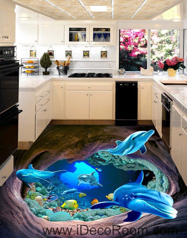 Image of Dophins Swimming in Hole Fish Sea 00032 Floor Decals 3D Wallpaper Wall Mural Stickers Print Art Bathroom Decor Living Room Kitchen Waterproof Business Home Office Gift