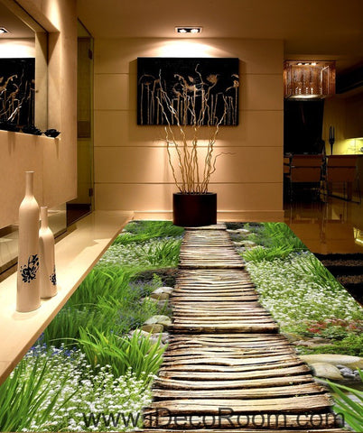 Image of Reed Wild Flowers Wood Bridge 00033 Floor Decals 3D Wallpaper Wall Mural Stickers Print Art Bathroom Decor Living Room Kitchen Waterproof Business Home Office Gift