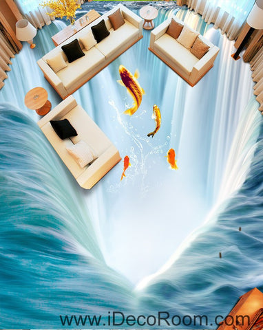 Image of Waterfall Fish Jumping 00034 Floor Decals 3D Wallpaper Wall Mural Stickers Print Art Bathroom Decor Living Room Kitchen Waterproof Business Home Office Gift
