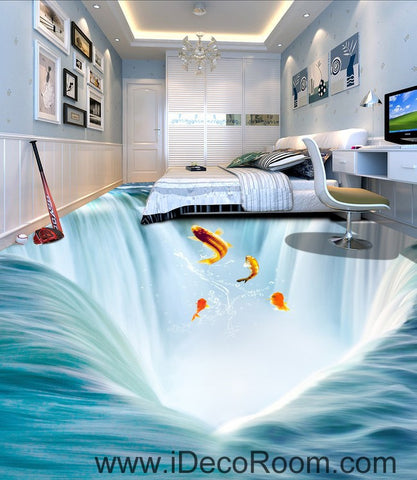 Image of Waterfall Fish Jumping 00034 Floor Decals 3D Wallpaper Wall Mural Stickers Print Art Bathroom Decor Living Room Kitchen Waterproof Business Home Office Gift
