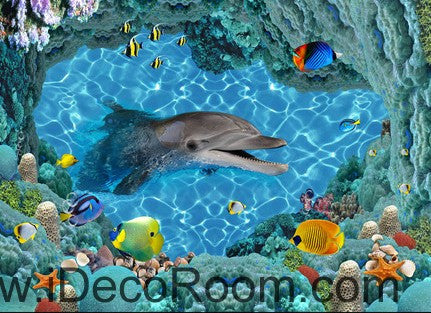 Image of Smiling Dolphin Colorful Fish 3D Floor Decal 00035