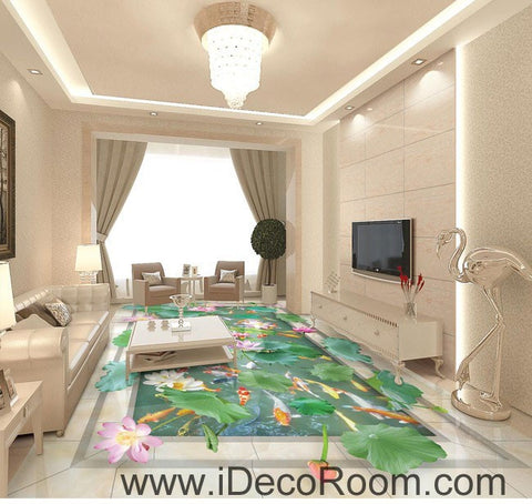 Image of Vivid Green Lilypad Colorful Fish Lotus 00039 Floor Decals 3D Wallpaper Wall Mural Stickers Print Art Bathroom Decor Living Room Kitchen Waterproof Business Home Office Gift