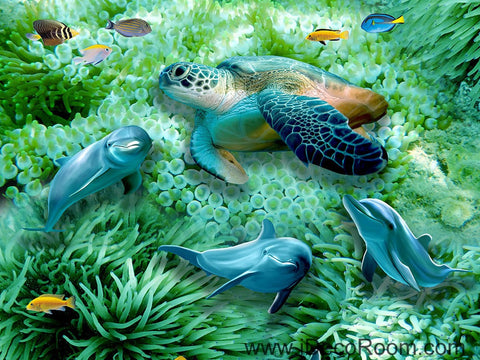 Image of Green Seabed Coral Dophins Turtle 00046 Floor Decals 3D Wallpaper Wall Mural Stickers Print Art Bathroom Decor Living Room Kitchen Waterproof Business Home Office Gift