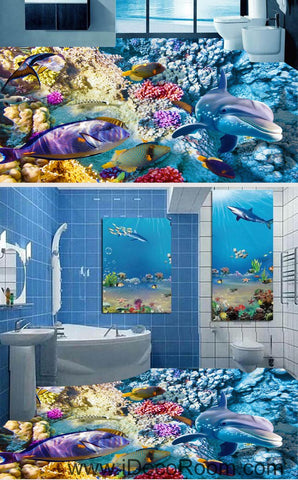 Image of Color Coral Dophin Blue Ocean 00059 Floor Decals 3D Wallpaper Wall Mural Stickers Print Art Bathroom Decor Living Room Kitchen Waterproof Business Home Office Gift