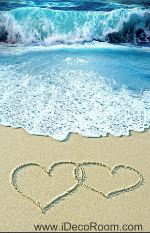 Image of Two Hearts On Beach Ocean 00061 Floor Decals 3D Wallpaper Wall Mural Stickers Print Art Bathroom Decor Living Room Kitchen Waterproof Business Home Office Gift
