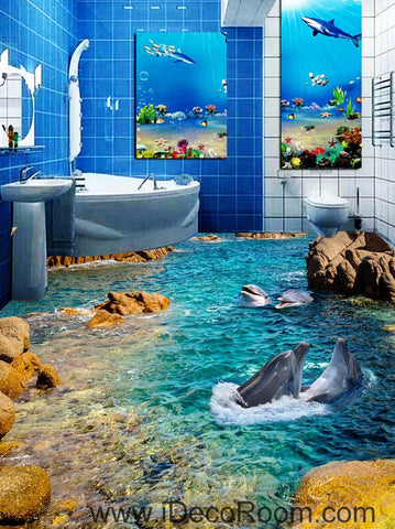 Image of Dophin Bay Rocks 00069 Floor Decals 3D Wallpaper Wall Mural Stickers Print Art Bathroom Decor Living Room Kitchen Waterproof Business Home Office Gift