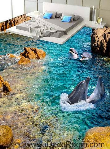 Image of Dophin Bay Rocks 00069 Floor Decals 3D Wallpaper Wall Mural Stickers Print Art Bathroom Decor Living Room Kitchen Waterproof Business Home Office Gift