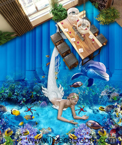Image of Mermaid Dophin Coral Fish Seabed 00073 Floor Decals 3D Wallpaper Wall Mural Stickers Print Art Bathroom Decor Living Room Kitchen Waterproof Business Home Office Gift