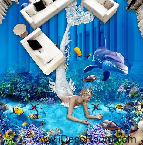 Image of Mermaid Dophin Coral Fish Seabed 00073 Floor Decals 3D Wallpaper Wall Mural Stickers Print Art Bathroom Decor Living Room Kitchen Waterproof Business Home Office Gift