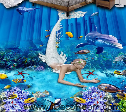 Image of Mermaid Dophin Coral Fish Seabed 00073 Floor Decals 3D Wallpaper Wall Mural Stickers Print Art Bathroom Decor Living Room Kitchen Waterproof Business Home Office Gift