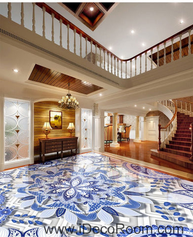 Image of Blue and White Porcelain Flower 00084 Floor Decals 3D Wallpaper Wall Mural Stickers Print Art Bathroom Decor Living Room Kitchen Waterproof Business Home Office Gift