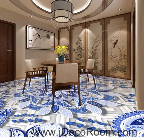 Image of Blue and White Porcelain Flower 00084 Floor Decals 3D Wallpaper Wall Mural Stickers Print Art Bathroom Decor Living Room Kitchen Waterproof Business Home Office Gift