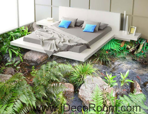 Image of Carp Fish Stream Stone Bush Leaves Grass 00086 Floor Decals 3D Wallpaper Wall Mural Stickers Print Art Bathroom Decor Living Room Kitchen Waterproof Business Home Office Gift