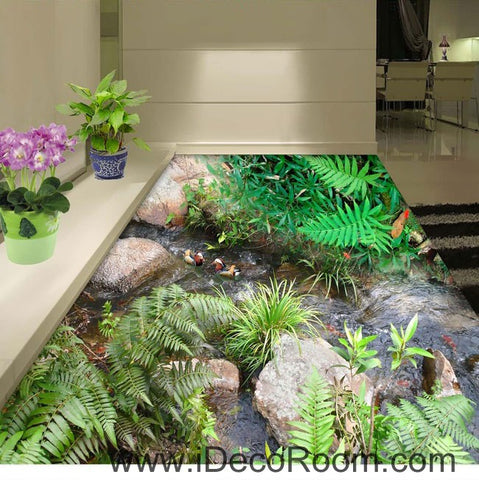 Image of Carp Fish Stream Stone Bush Leaves Grass 00086 Floor Decals 3D Wallpaper Wall Mural Stickers Print Art Bathroom Decor Living Room Kitchen Waterproof Business Home Office Gift