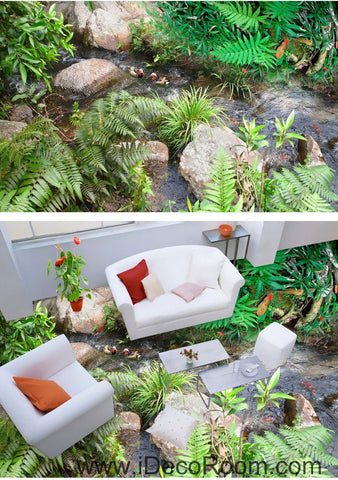 Image of Carp Fish Stream Stone Bush Leaves Grass 00086 Floor Decals 3D Wallpaper Wall Mural Stickers Print Art Bathroom Decor Living Room Kitchen Waterproof Business Home Office Gift